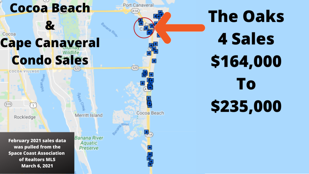 map view of Cocoa Beach and Cape Canaveral Florida showing the 59 condo sales for February. Highlighting the Oaks condo in Cape Canaveral