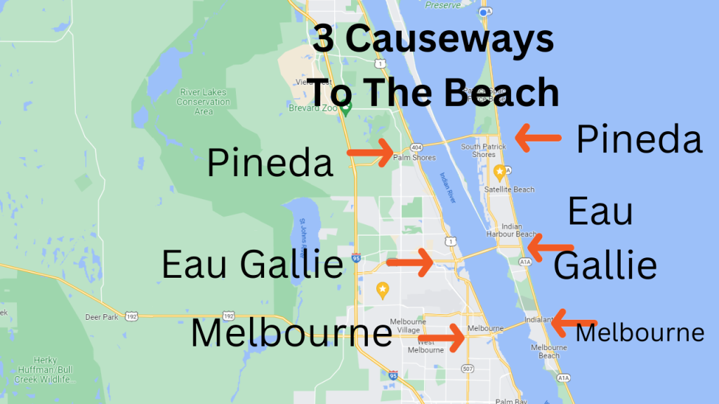 Map view of the 3 causeway bridges connecting Melbourne to the beaches