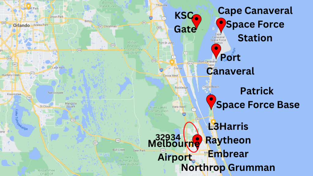 google map view of Brevard County showing the 32934 and locations of the larger employers in the area.