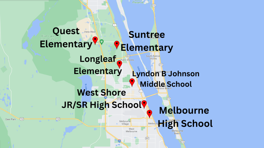 Map view for some of the schools in Melbourne Florida