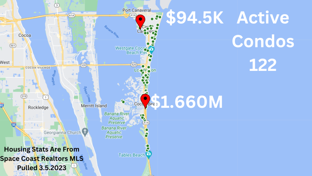 map view showing the active condos in Cocoa Beach and Cape Canaveral