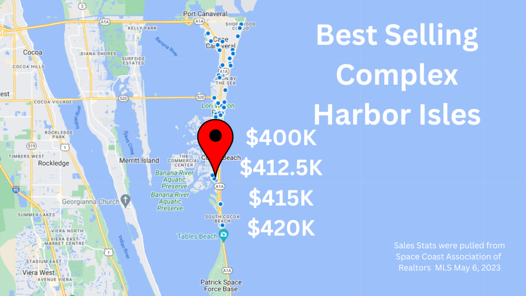map view of cocoa beach and cape canaveral florida with text overlay showing the best selling complex sales info for april 2023