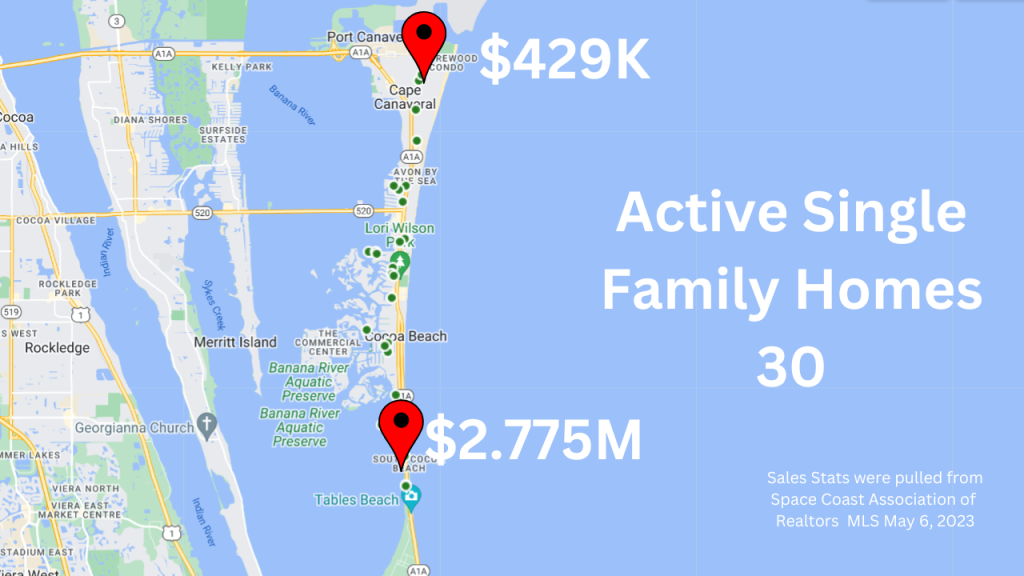 map view of cocoa beach and cape canaveral florida with text overlay showing the active homes for sale April 2023