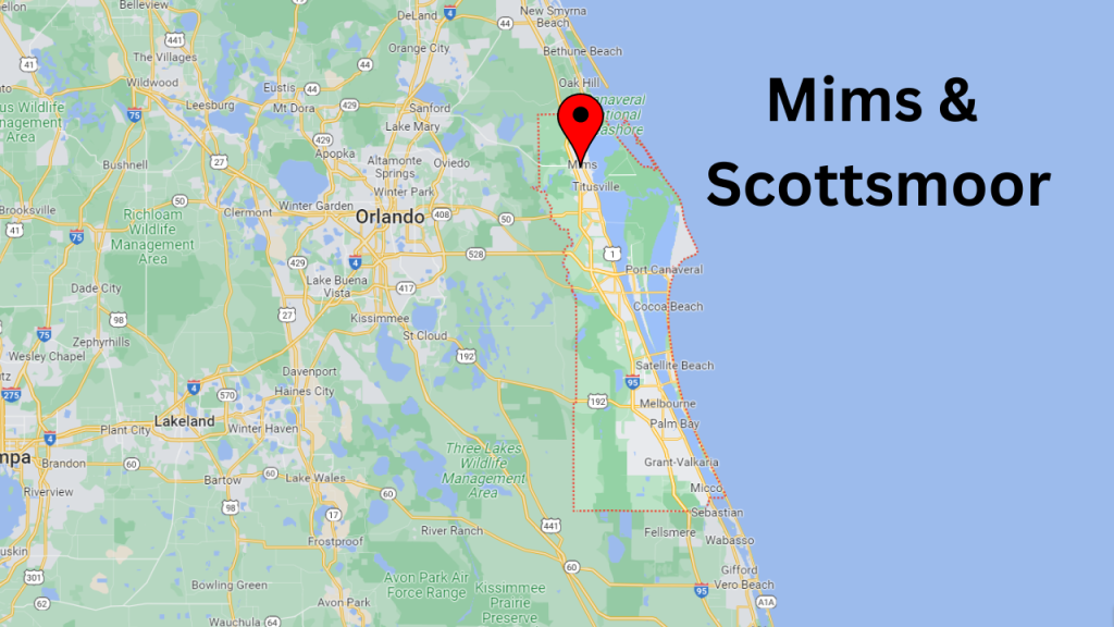 Map view of Brevard County showing the location of Mims